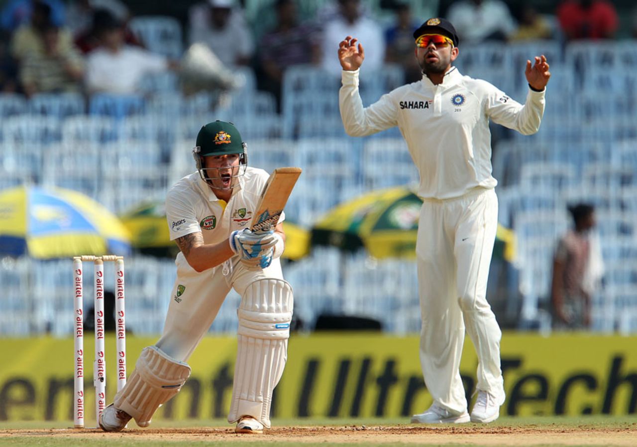 Michael Clarke shouts instructions to the non-striker, India v Australia, 1st Test, Chennai, 2nd day, February 23, 2013