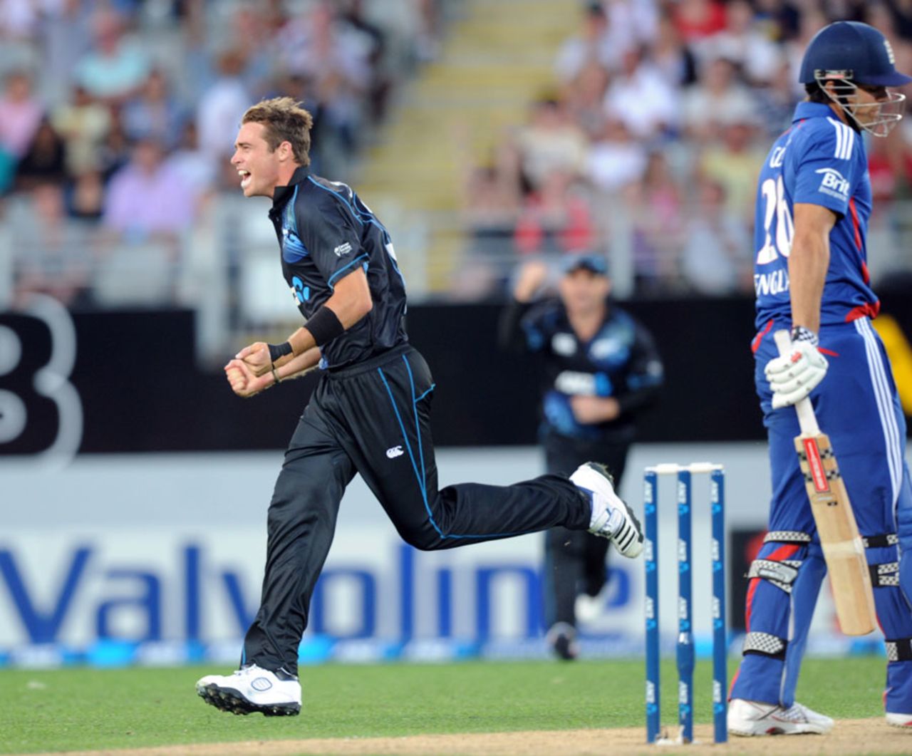 Tim Southee celebrates after removing Alastair Cook, New Zealand v England, 3rd ODI, Auckland, February 23, 2013