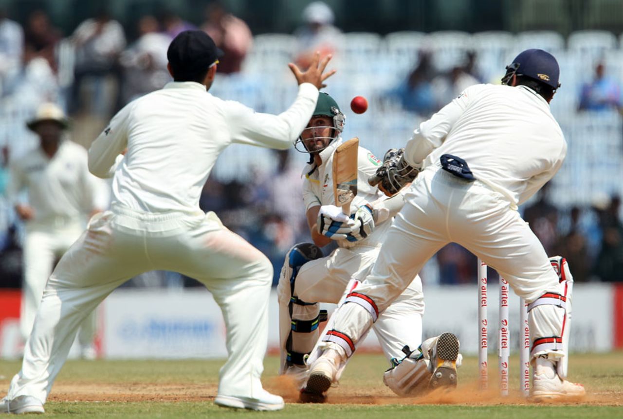 Nathan Lyon is caught at leg slip by Virat Kohli, India v Australia, 1st Test, Chennai, 2nd day, February 23, 2013