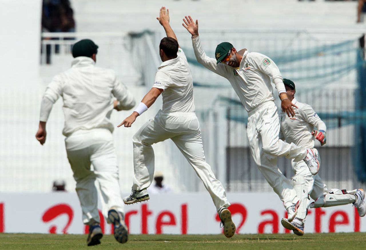 James Pattinson is ecstatic after dismissing Virender Sehwag, India v Australia, 1st Test, Chennai, 2nd day, February 23, 2013