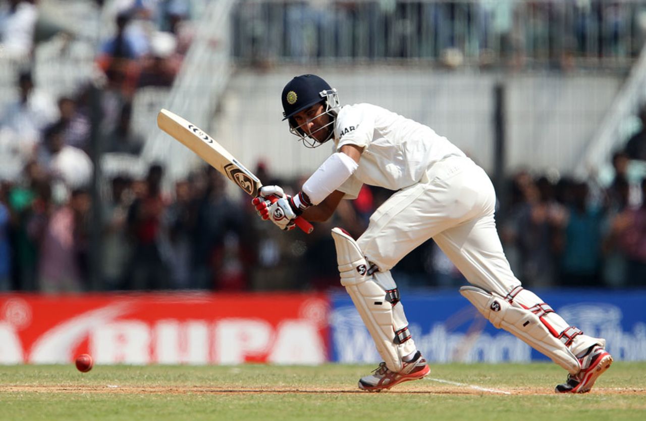 Cheteshwar Pujara taps one on to the leg side, India v Australia, 1st Test, Chennai, 2nd day, February 23, 2013