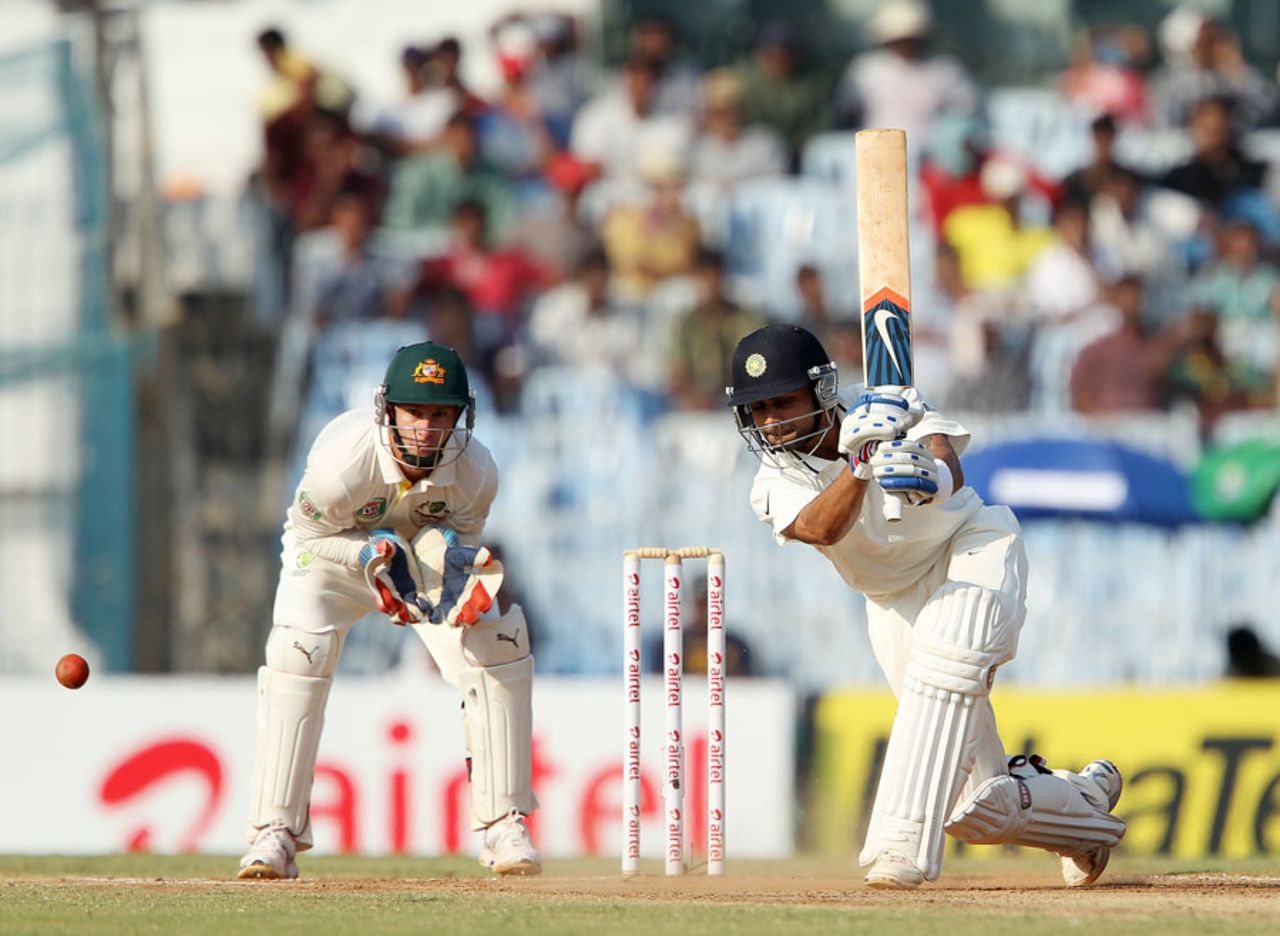 Virat Kohli was solid on his way to a half-centuy, India v Australia, 1st Test, Chennai, 2nd day, February 23, 2013