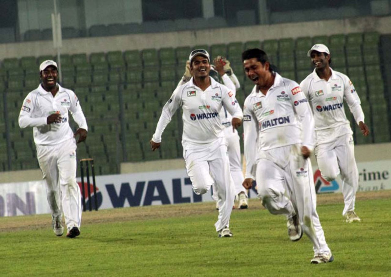 Central Zone's Mohammad Ashraful celebrates after taking a hat-trick against North Zone, Central Zone v North Zone, BCL final, Mirpur, 2nd day, February 23, 2013