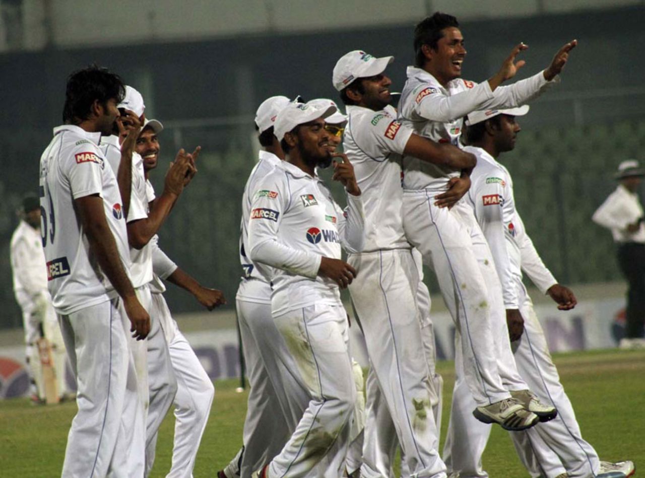 Mohammad Ashraful is lifted by a team-mate after taking a hat-trick against North Zone, Central Zone v North Zone, BCL final, Mirpur, 2nd day, February 23, 2013