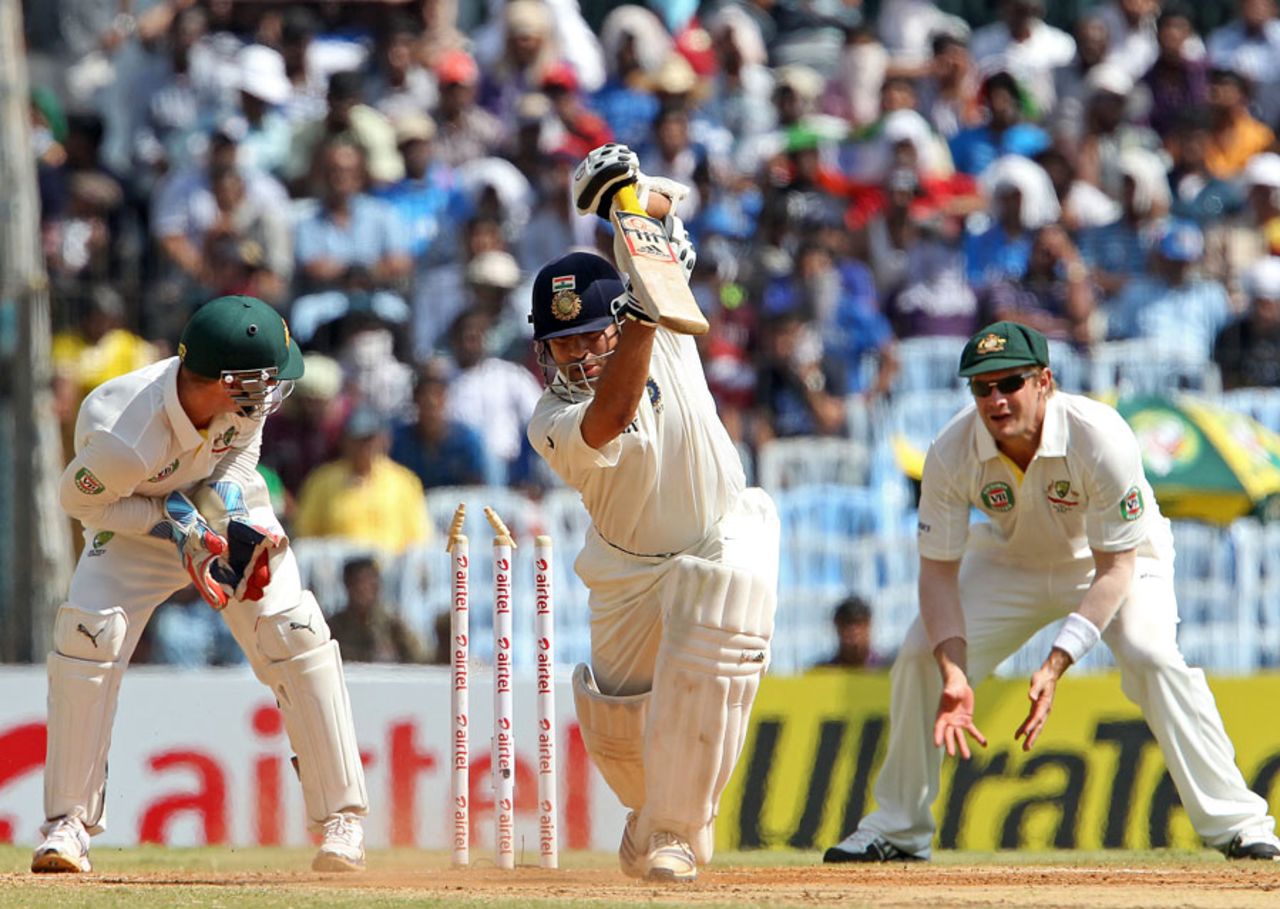 Sachin Tendulkar was bowled on 81, India v Australia, 1st Test, Chennai, 3rd day, February 24, 2013