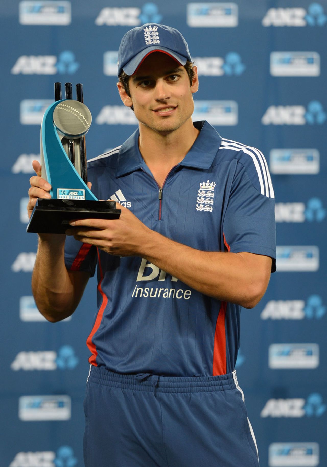 Alastair Cook poses with the series trophy, New Zealand v England, 3rd ODI, Auckland, February 23, 2013