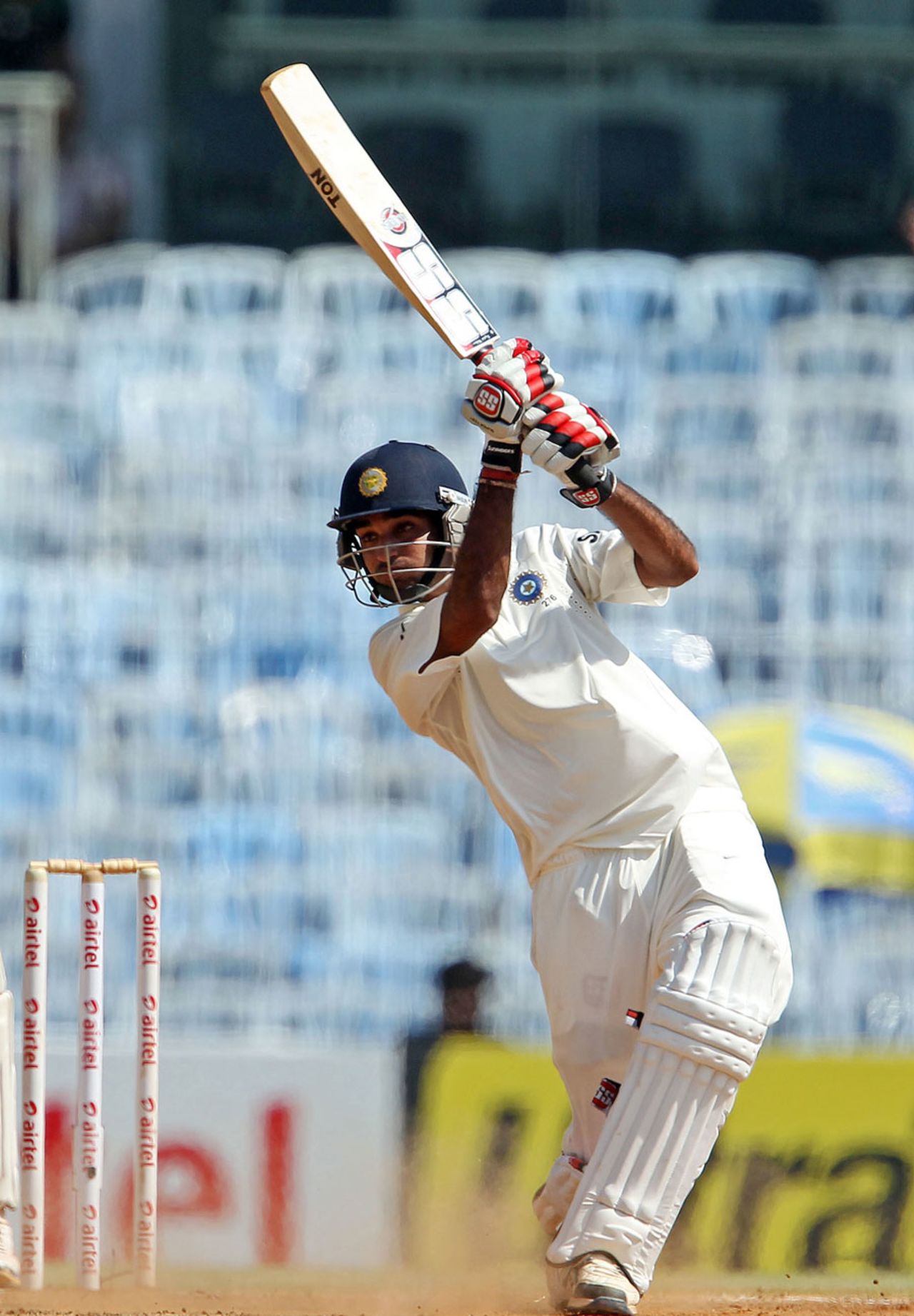 Bhuvneshwar Kumar drives during his fighting 38, India v Australia, 1st Test, Chennai, 4th day, February 25, 2013