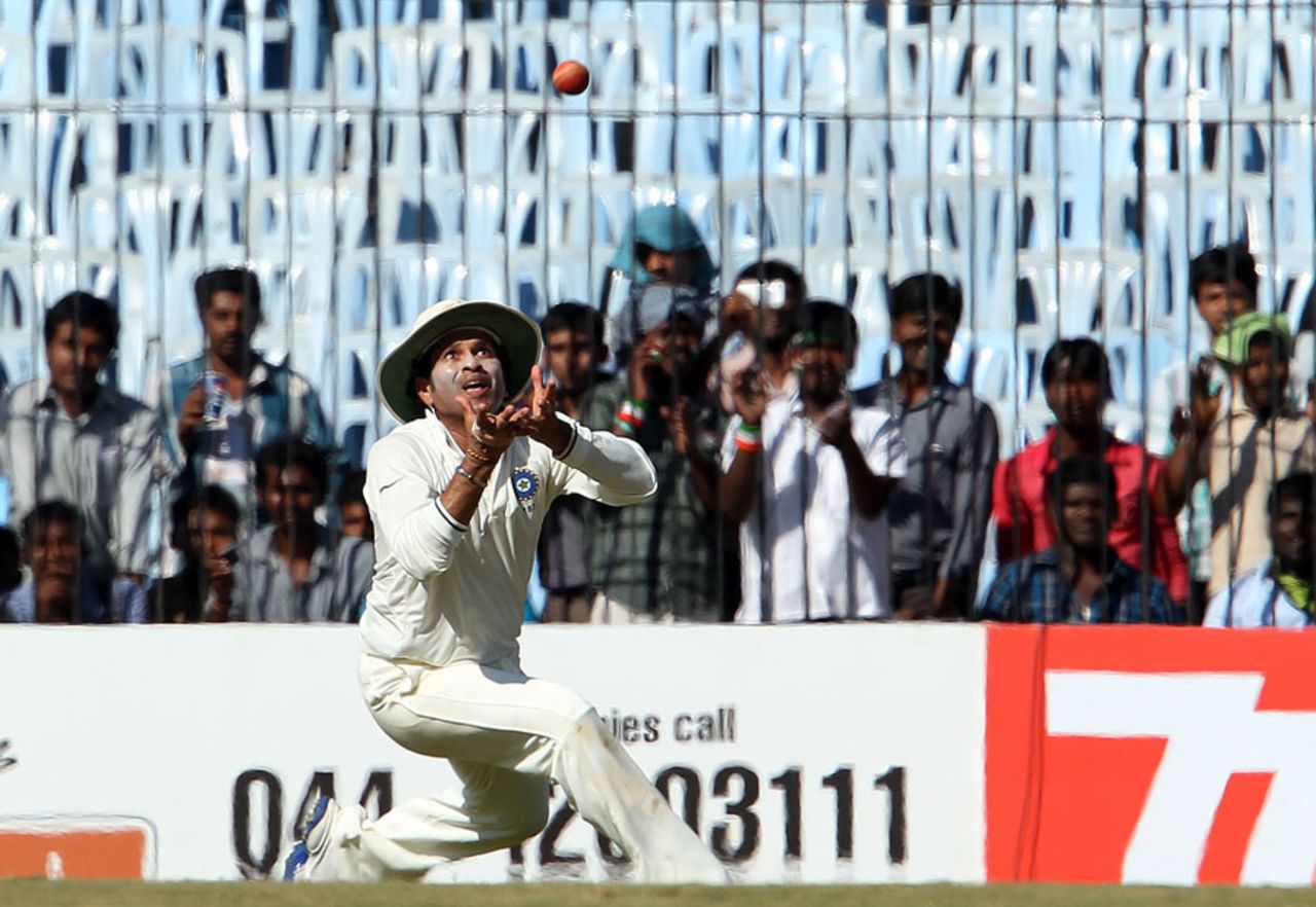 Sachin Tendulkar lines up to take the catch that dismissed Mitchell Starc, India v Australia, 1st Test, Chennai, 4th day, February 25, 2013