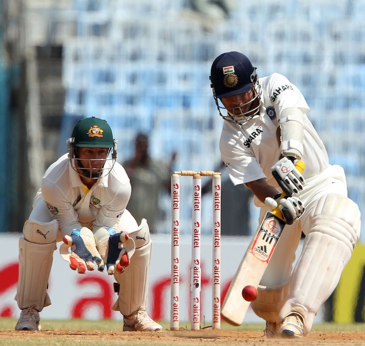 Sachin Tendulkar smashes his first ball for a six, India v Australia, 1st Test, Chennai, 5th day, February 26, 2013