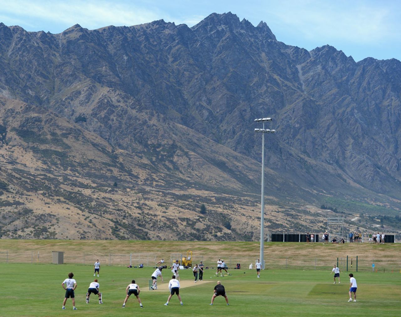 The England team practise against a picturesque setting in Queenstown, New Zealand, New Zealand XI v England XI, Queenstown, New Zealand