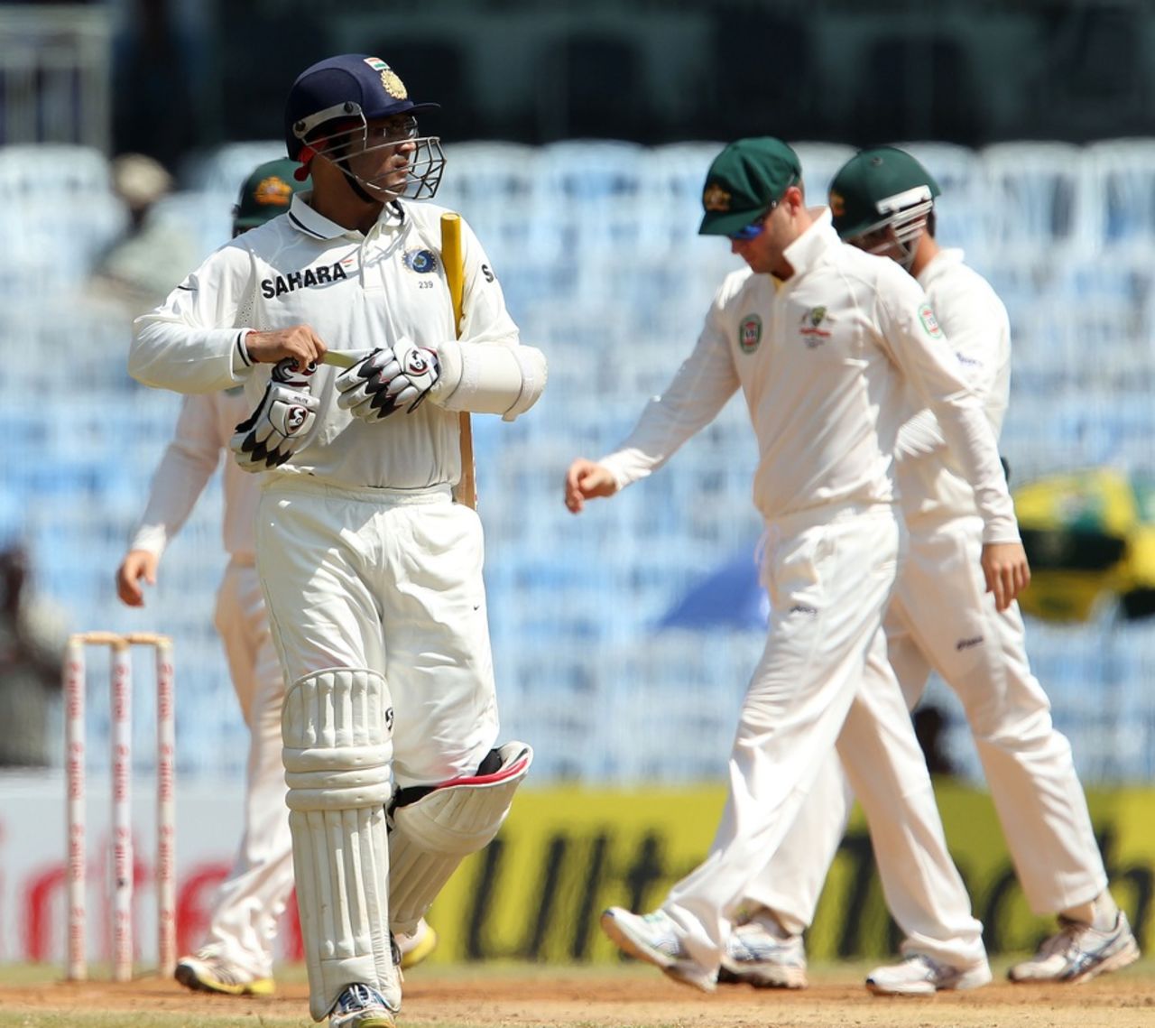 Virender Sehwag was dismissed for 19 by Nathan Lyon, India v Australia, 1st Test, Chennai, 5th day, February 26, 2013