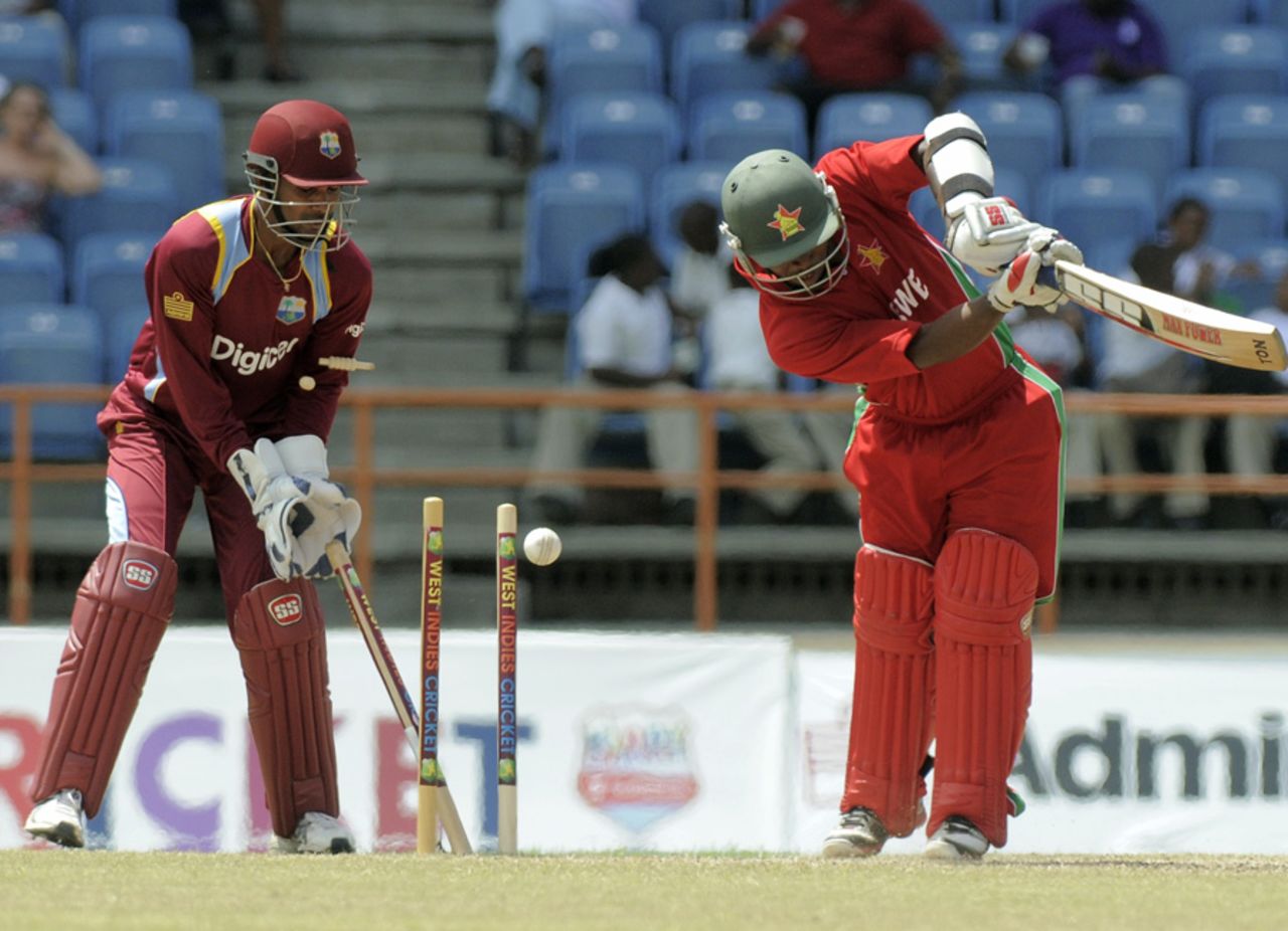 Regis Chakabva is bowled by Veerasammy Permaul, West Indies v Zimbabwe, 3rd ODI, Grenada, February 26, 2013