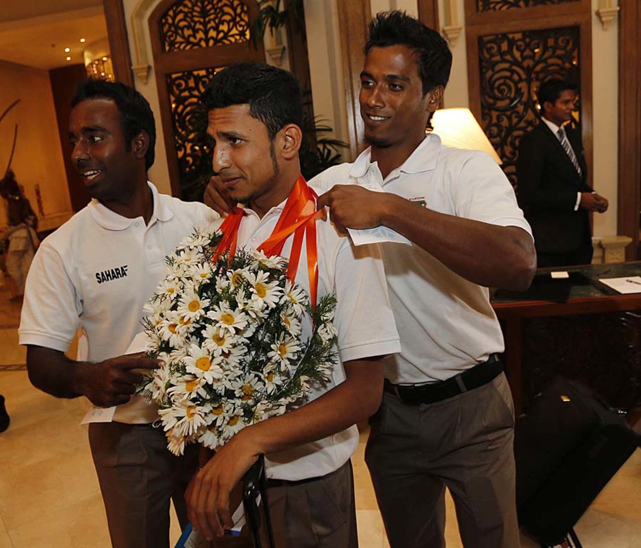 Bangladesh players share a light moment after arrival in Sri Lanka, Colombo, February 28, 2013