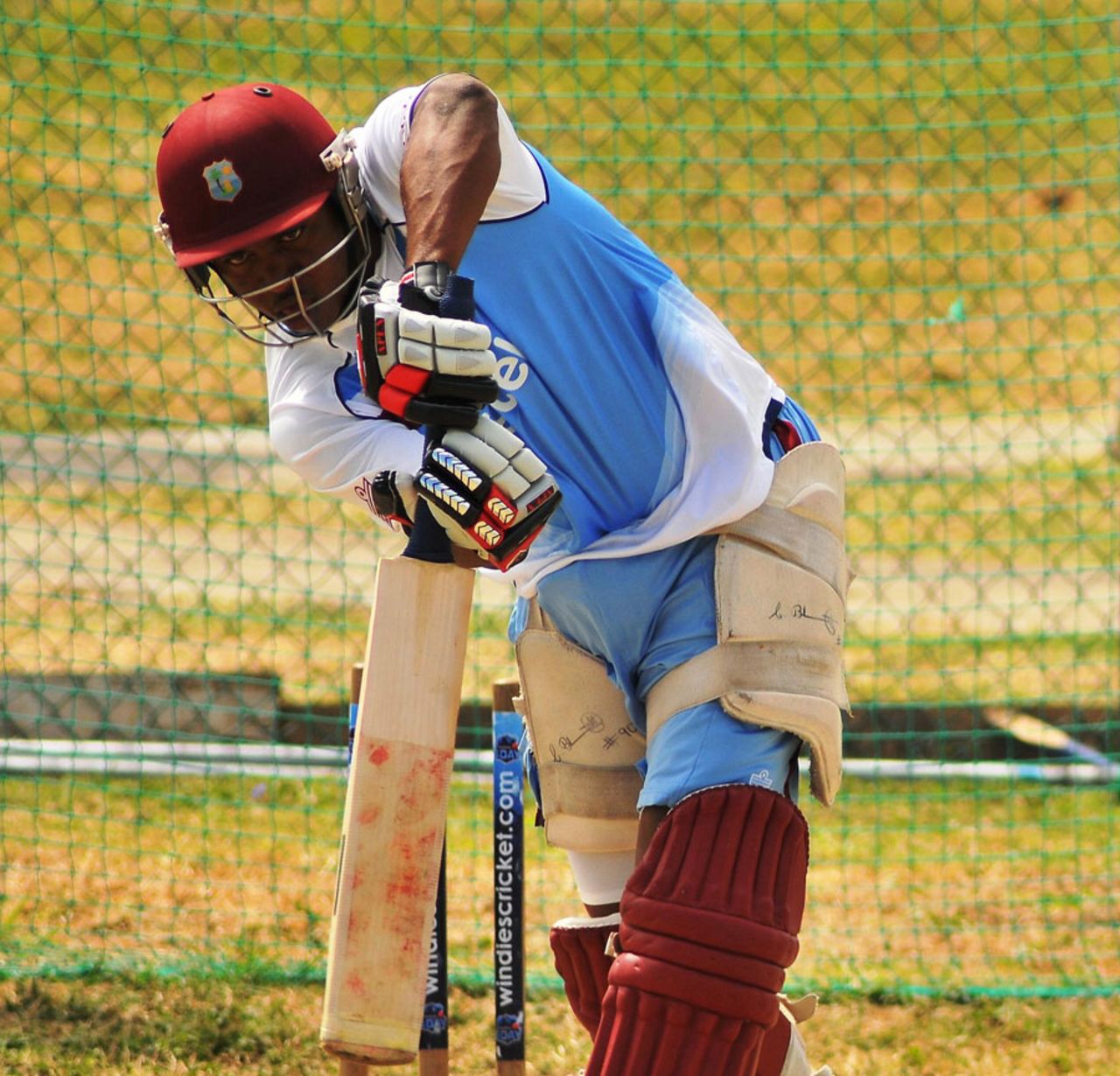 Christopher Barnwell plays a drive during a West Indies practice session, North Sound, February 28, 2013