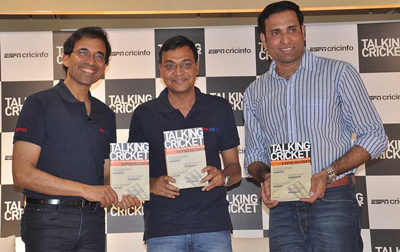 Harsha Bhogle, ESPNcricinfo editor Sambit Bal, and VVS Laxman at the launch of <i>Talking Cricket</i>, Hyderabad, March 1, 2013