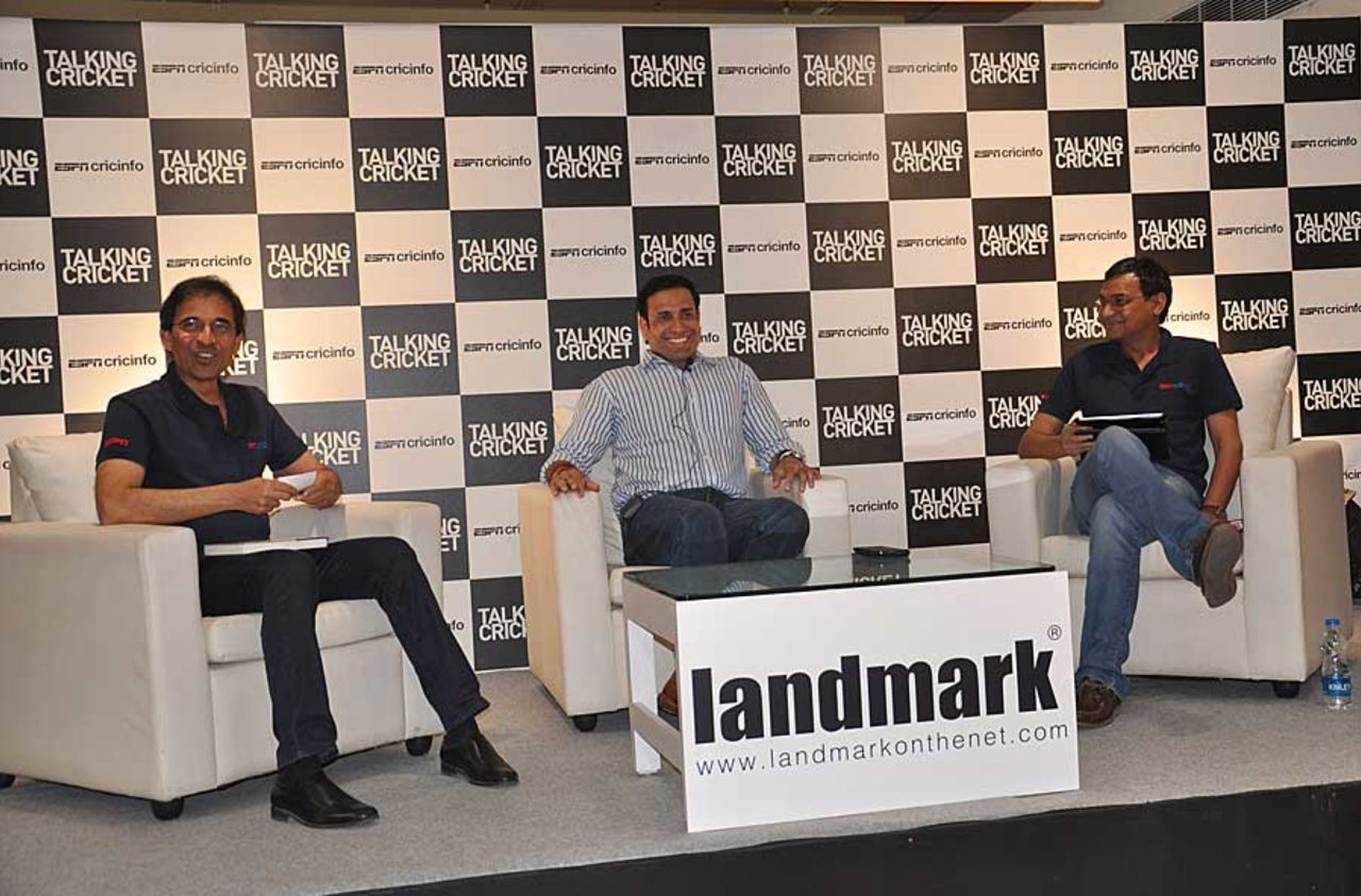 Harsha Bhogle, ESPNcricinfo editor Sambit Bal, and VVS Laxman during a discussion at the launch of <i>Talking Cricket</i>, Hyderabad, March 1, 2013