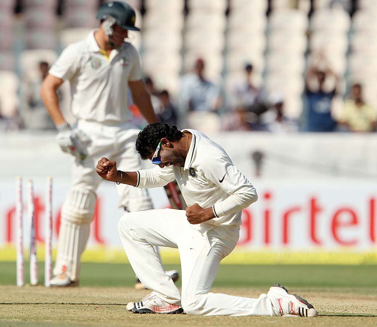 Ravindra Jadeja dismissed Moises Henriques cheaply, and followed it up with two more wickets, India v Australia, 2nd Test, Hyderabad, 1st day, March 2, 2013