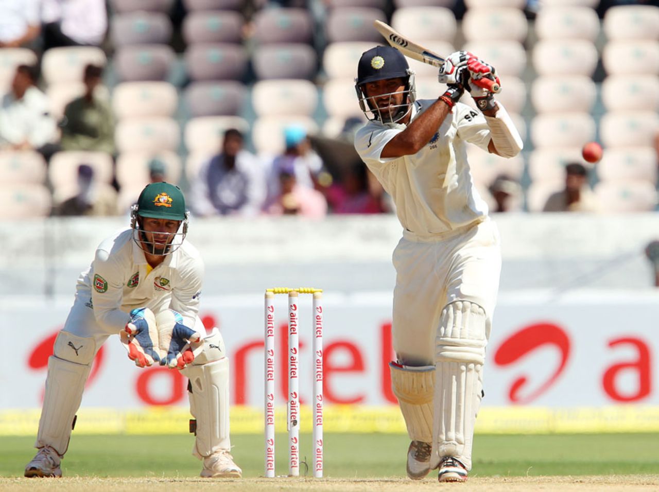Cheteshwar Pujara hits down the ground, India v Australia, 2nd Test, Hyderabad, 2nd day, March 3, 2013