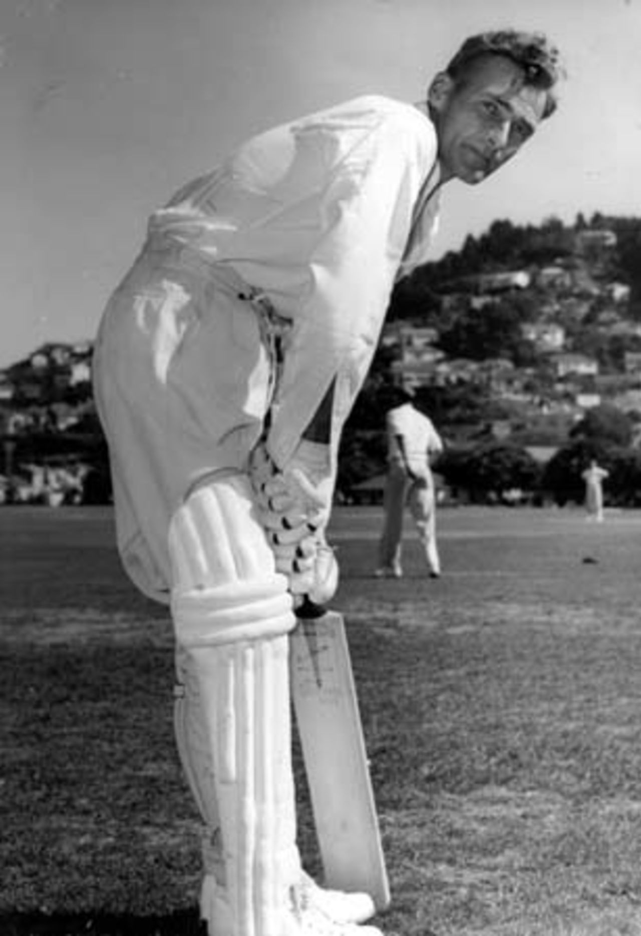 New Zealand batsman Bert Sutcliffe displays his batting stance, 1965