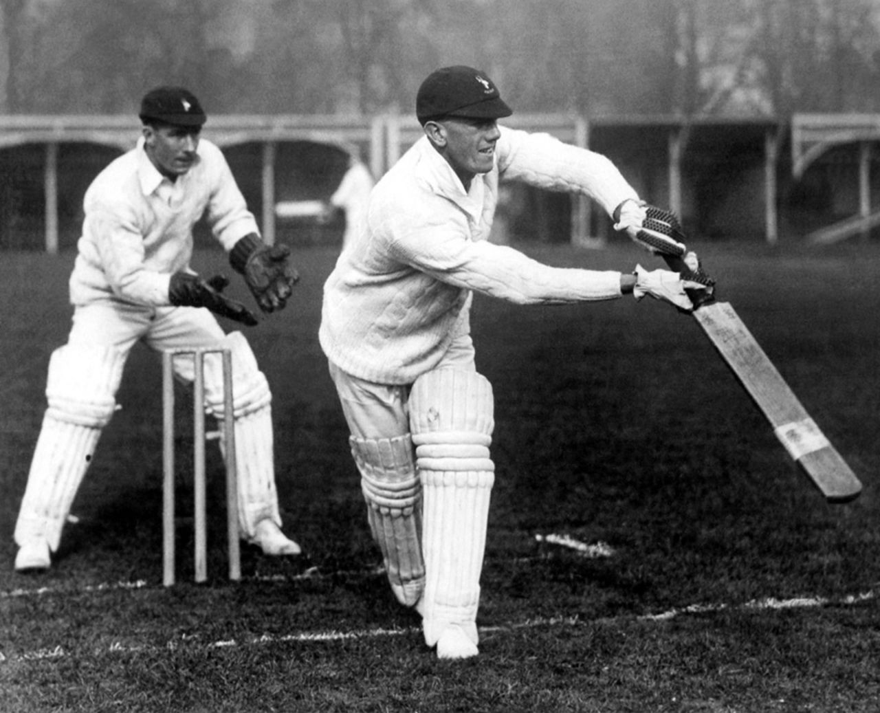 Tuppy Owen-Smith bats in the nets with Jock Cameron keeping behind the stumps, Lord's, April 27, 1929