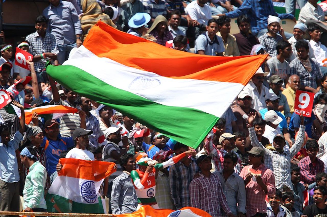 Indian fans bear the sun as they cheer their team, India v Australia, 2nd Test, Hyderabad, 2nd day, March 3, 2013