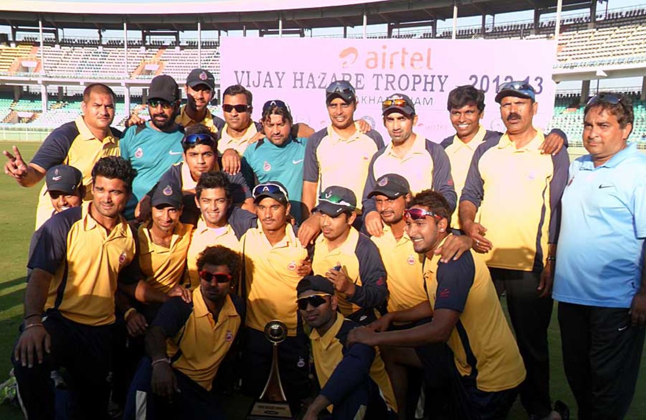 The victorious Delhi team with the Vijay Hazare Trophy, Assam v Delhi, Vijay Hazare Trophy, final, Visakhapatnam, March 3, 2013