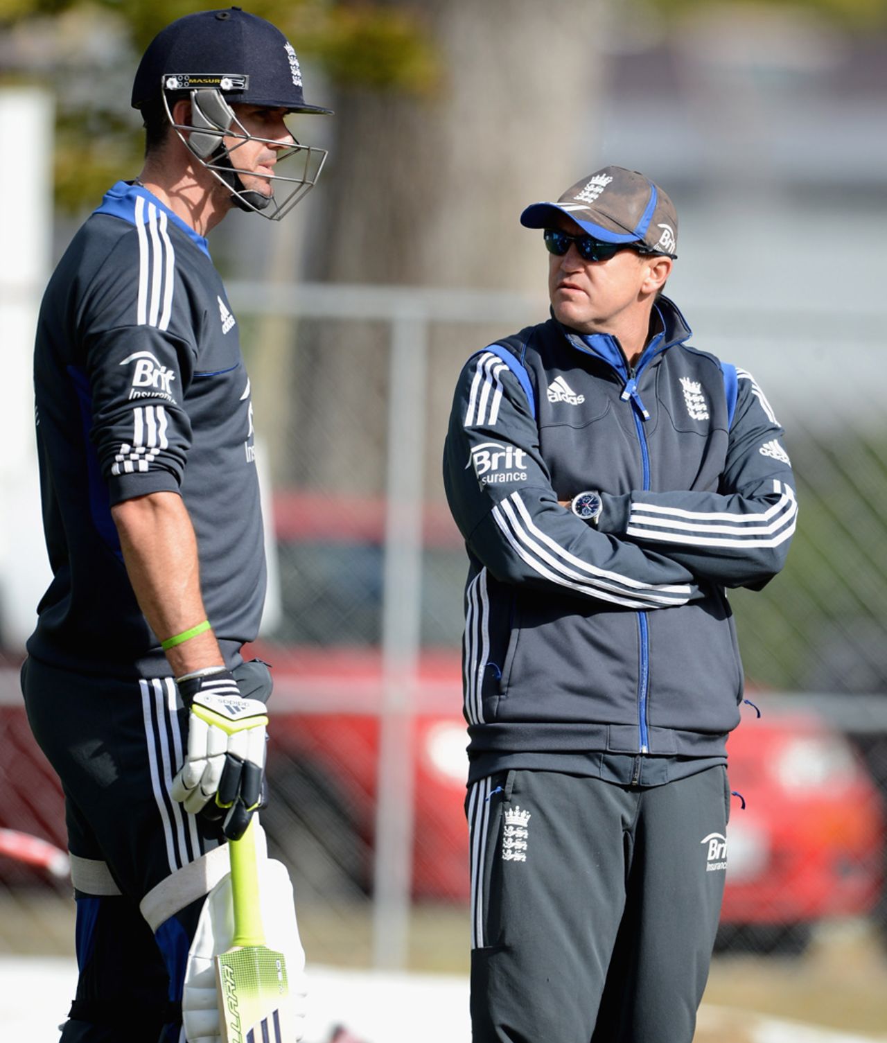 Kevin Pietersen and Andy Flower have a chat during training, Dunedin, March 4, 2013