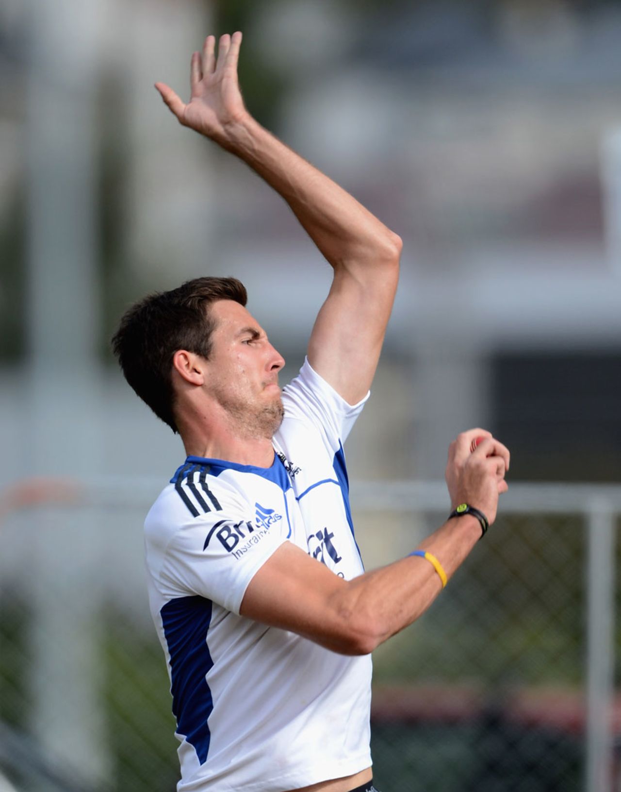 Steven Finn bowls during a practice session in Dunedin, England's tour of New Zealand, March 4, 2013