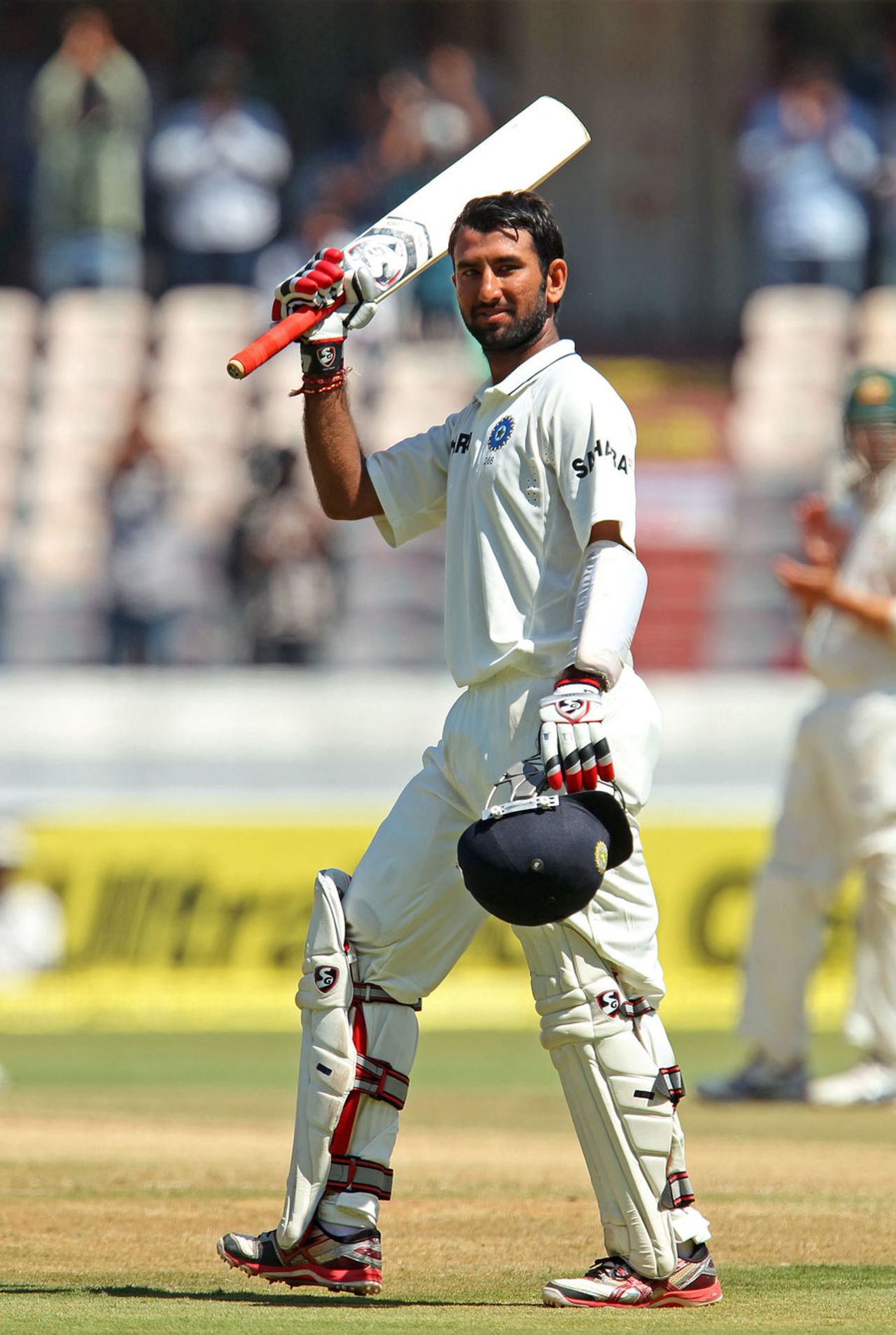Cheteshwar Pujara celebrates his 200, India v Australia, 2nd Test, Hyderabad, 3rd day, March 4, 2013