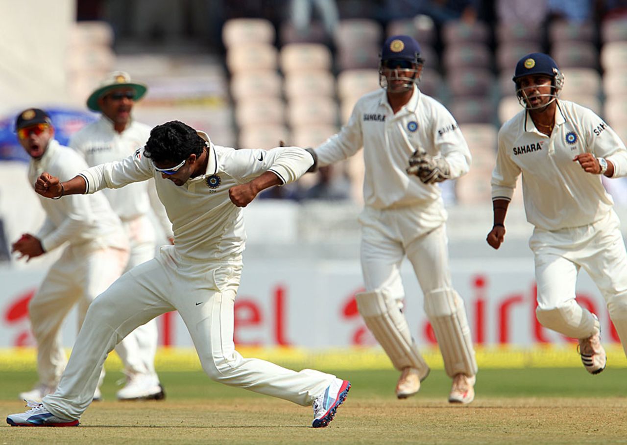 Ravindra Jadeja punches the air after getting a wicket, India v Australia, 2nd Test, Hyderabad, 4th day, March 5, 2013
