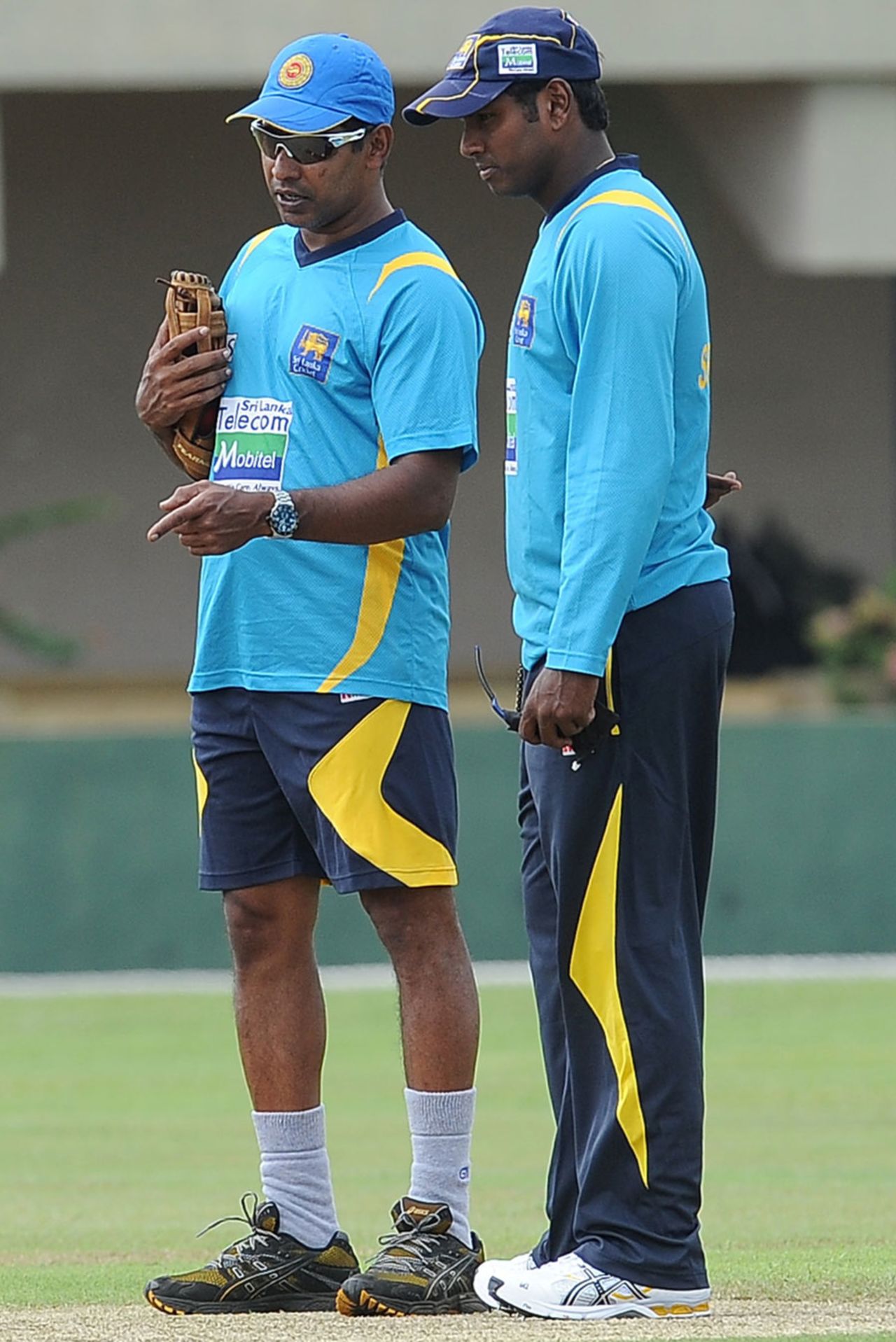 Chaminda Vaas and Sri Lanka captain Angelo Mathews examine the pitch at a practice session ahead of the Test series against Bangladesh in Galle, Bangladesh tour to Sri Lanka, Galle, March 6, 2013