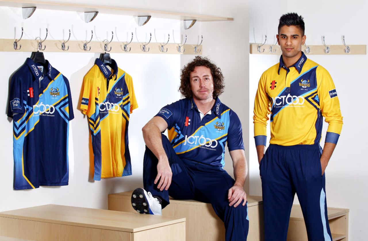 Ryan Sidebottom and Moin Ashraf pose in Yorkshire's new kit, March 6, 2013