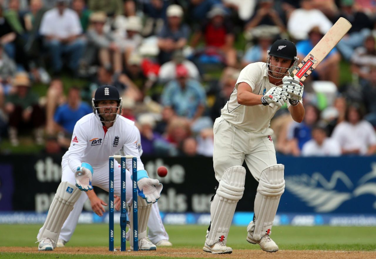 Hamish Rutherford works on through the leg side during his 171, New Zealand v England, 1st Test, Dunedin, 3rd day, March 8, 2013