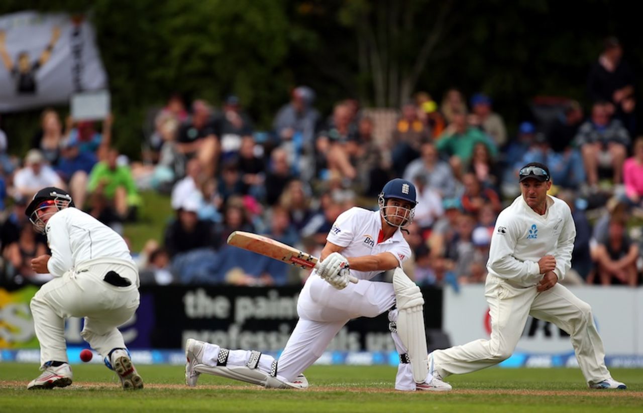 Alastair Cook sweeps through the on side, New Zealand v England, 1st Test, Dunedin, 4th day, March 9, 2013