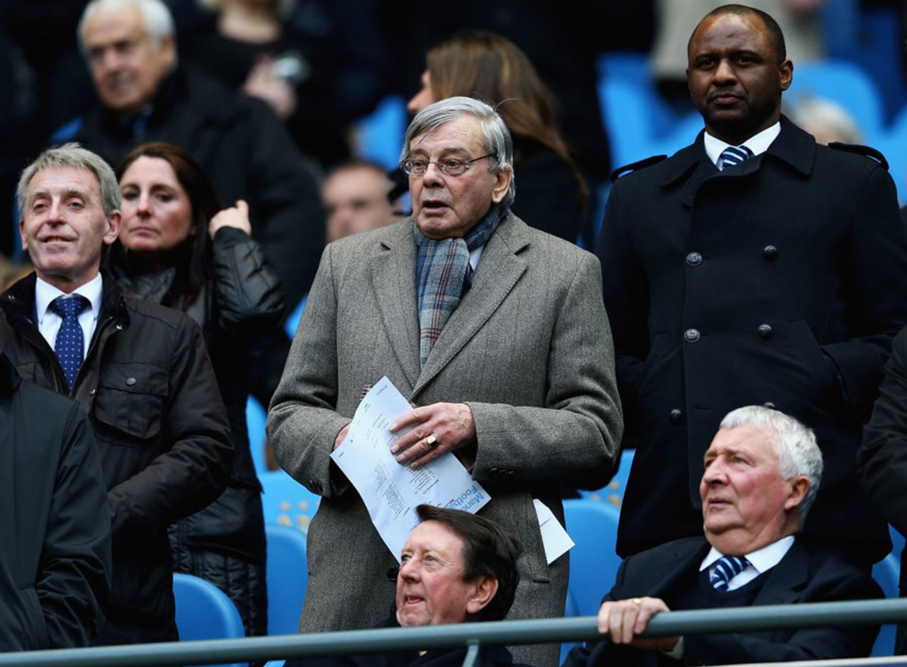 Dickie Bird at the Manchester City v Barnsley FA Cup match with former French footballer Patrick Vieira, Manchester, March 9, 2013