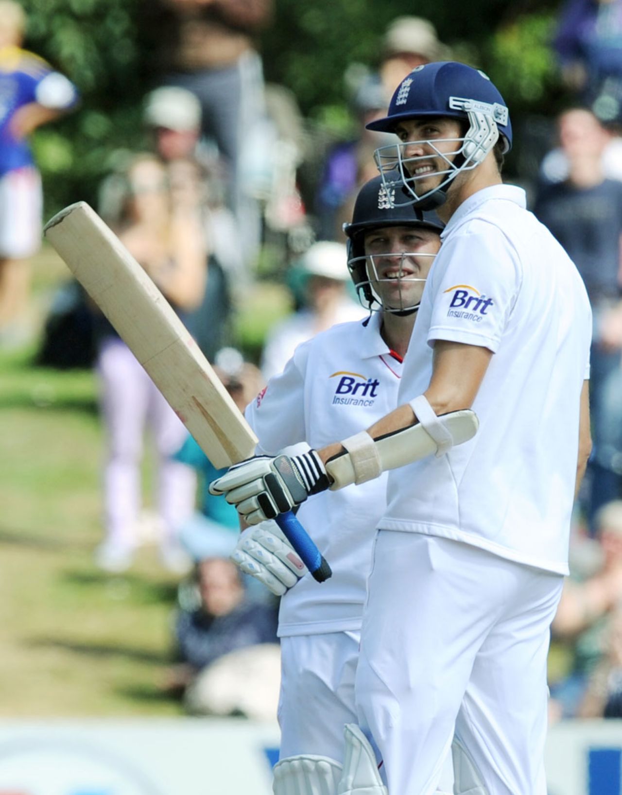 Steven Finn raises his bat after scoring his first Test fifty,  New Zealand v England, 1st Test, Dunedin, 5th day, March 10, 2013
