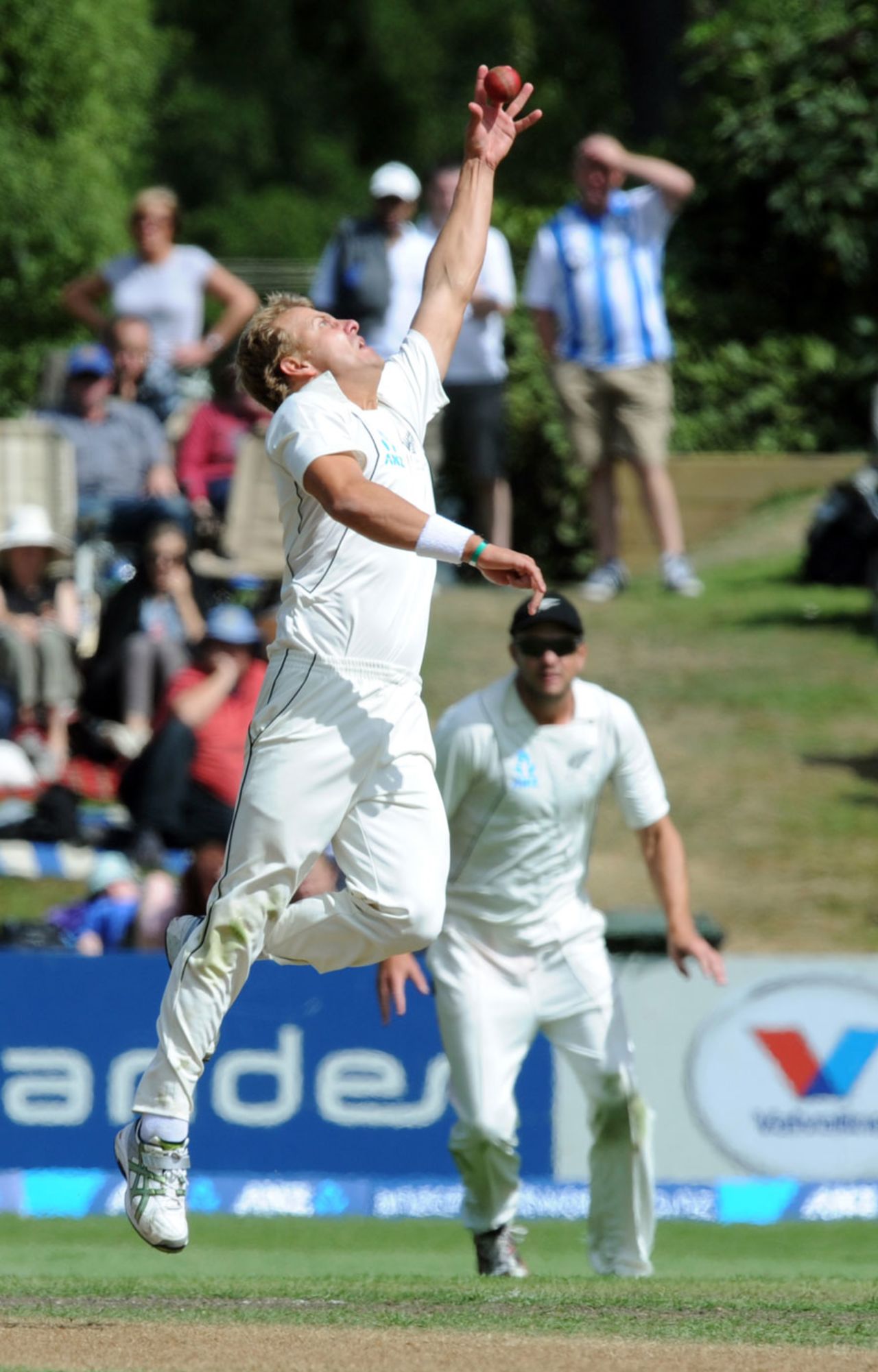 Neil Wagner takes a sharp catch to dismiss Jonathan Trott, New Zealand v England, 1st Test, Dunedin, 5th day, March 10, 2013