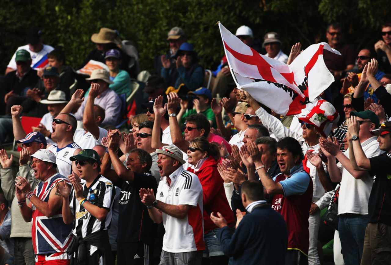 Members of the Barmy Army cheer for England, New Zealand v England, 1st Test, Dunedin, 5th day, March 10, 2013