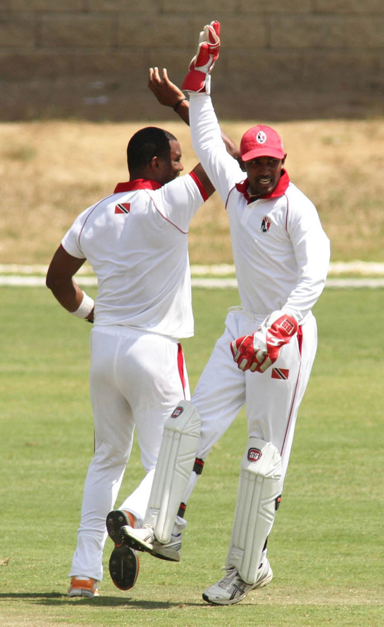 Shannon Gabriel and Denesh Ramdin celebrate Ramnaresh Sarwan's wicket, Trinidad & Tobago, Regional Four Day Competition, Day 4, Port of Spain, March 9, 2013