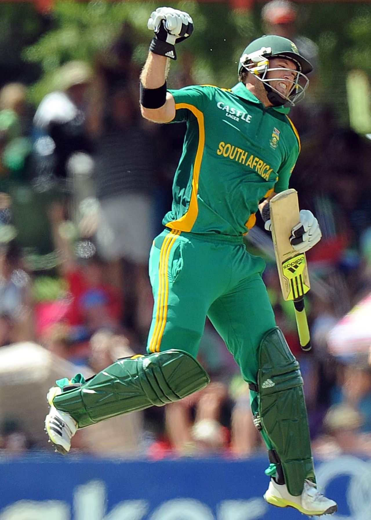 Colin Ingram leaps after reaching his century, South Africa v Pakistan, 1st ODI, Bloemfontein, March 10, 2013