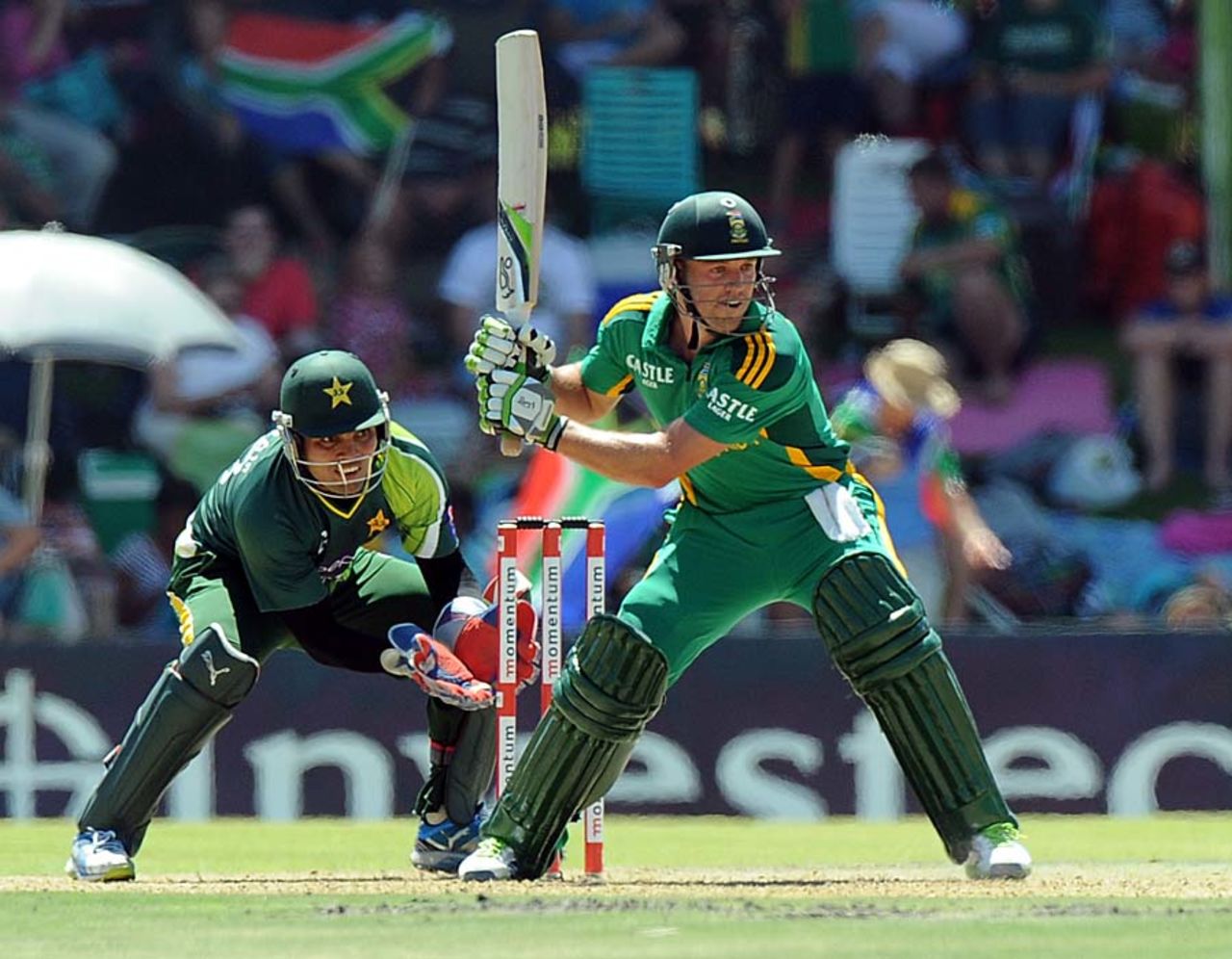 AB de Villiers prepares to play an aggressive shot, South Africa v Pakistan, 1st ODI, Bloemfontein, March 10, 2013