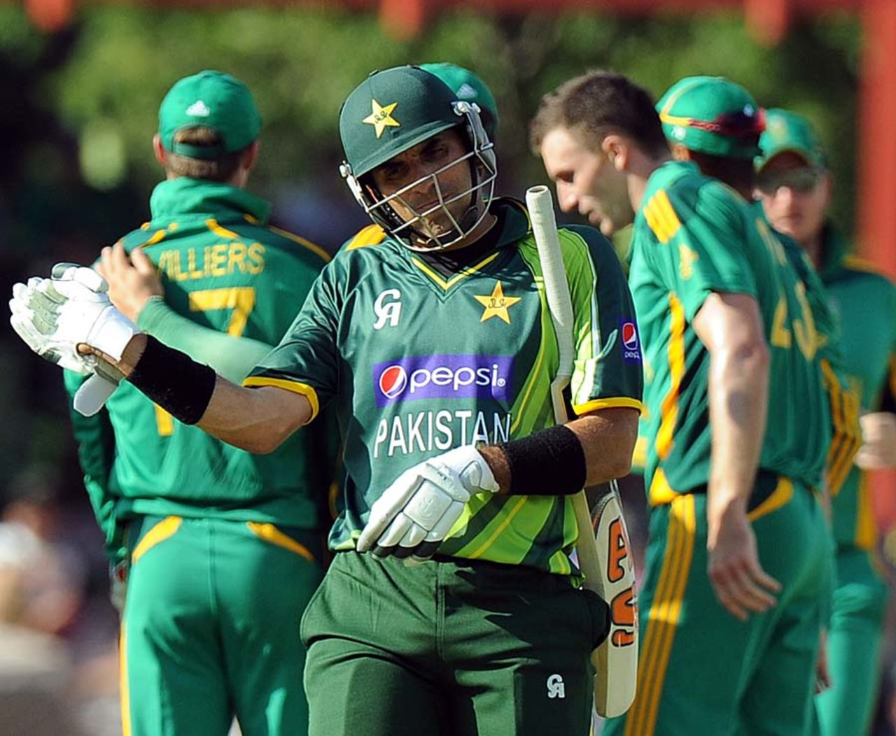 Misbah-ul-Haq practices a virtual shot after being dismissed, South Africa v Pakistan, 1st ODI, Bloemfontein, March 10, 2013
