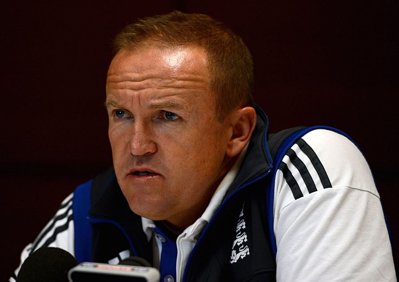 Andy Flower, England's Test coach, speaks to the media in Dunedin, England tour of New Zealand 2012-13, Dunedin, March 11, 2013
