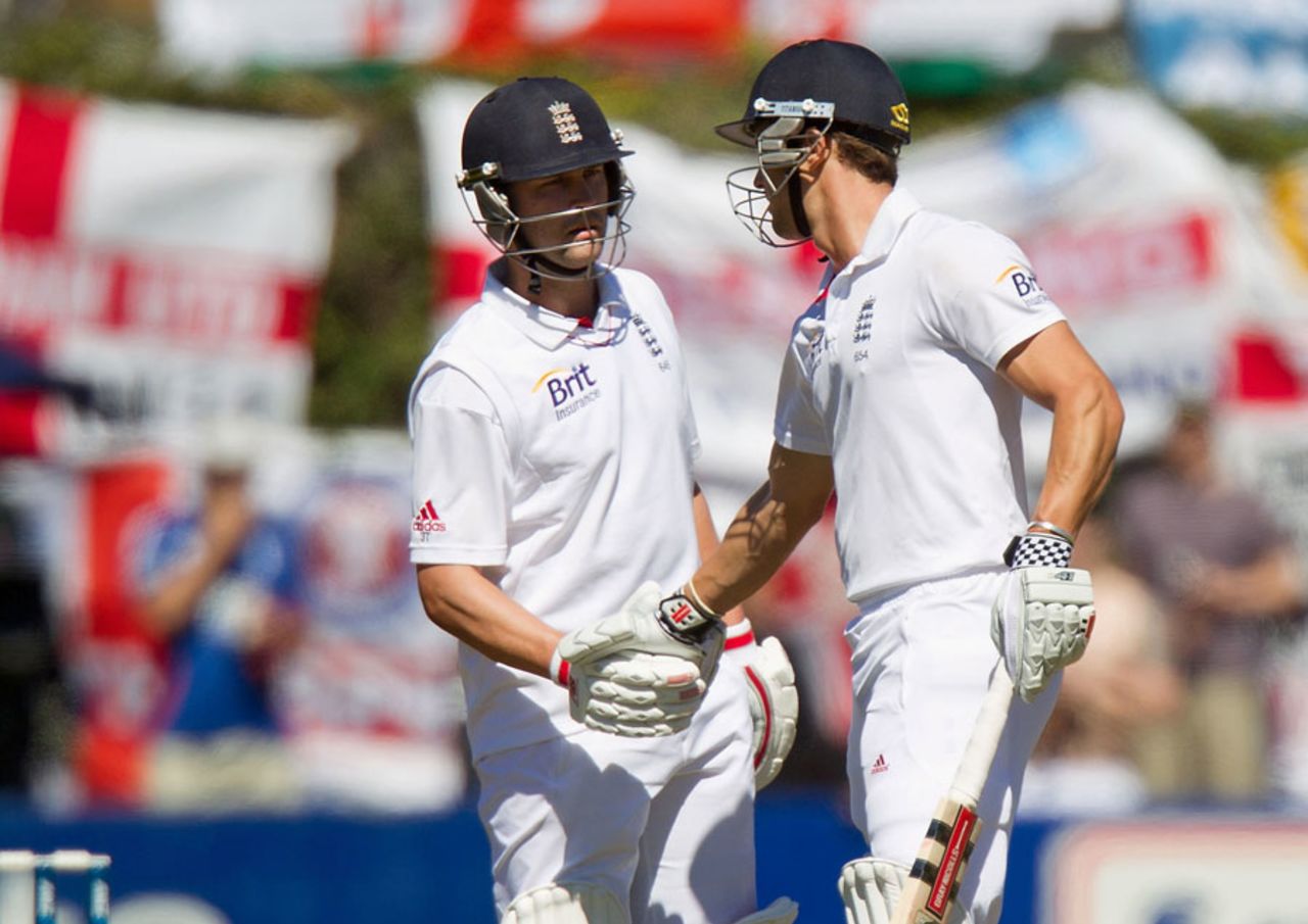 Jonathan Trott congratulates Nick Compton on his half-century, New Zealand v England, 2nd Test, Wellington, 1st day, March 14, 2013