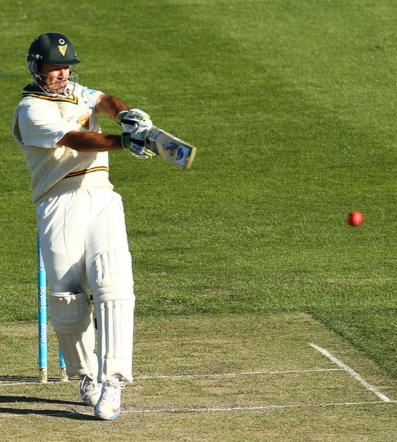 Ricky Ponting plays a pull shot during his innings of 104, Tasmania v Victoria, 1st day, Sheffield Shield, Hobart, March 14, 2013