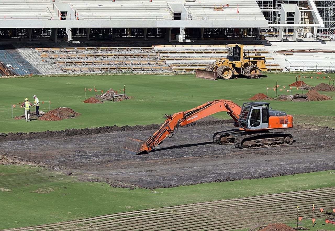 An excavator parked over the dug up pitches at the Adelaide Oval, Adelaide, March 15, 2013