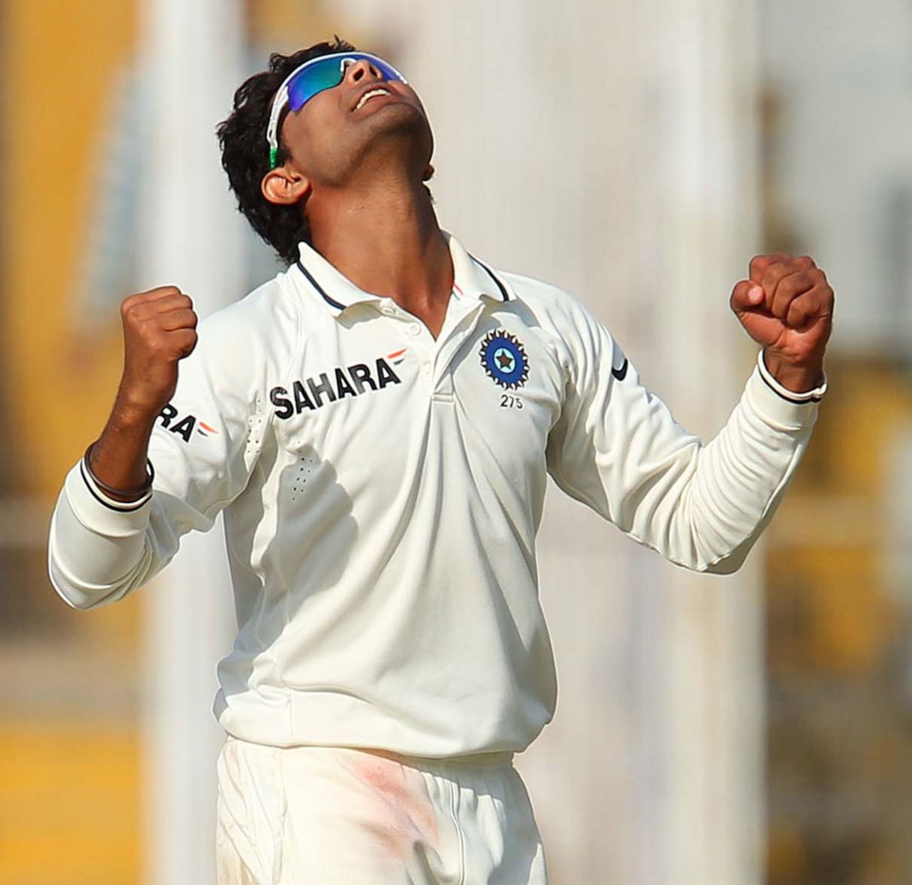 Ravindra Jadeja celebrates after dismissing Peter Siddle, India v Australia, 3rd Test, Mohali, 2nd day, March 15, 2013