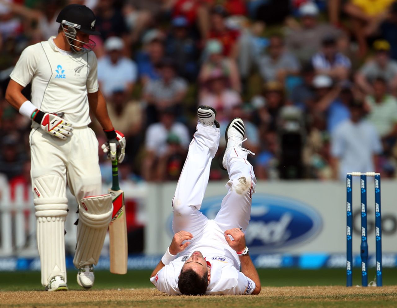 James Anderson takes a tumble, New Zealand v England, 2nd Test, Wellington, 3rd day, March 16, 2013