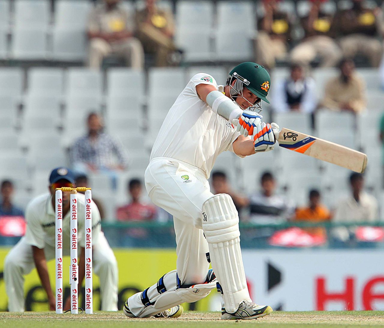 Mitchell Starc attempts an aggressive shot, India v Australia, 3rd Test, Mohali, 3rd day, March 16, 2013