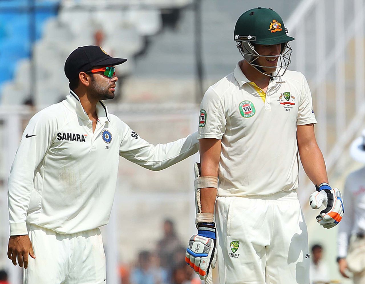 Mitchell Starc is patted on the back by Virat Kohli after being dismissed for 99, India v Australia, 3rd Test, Mohali, 3rd day, March 16, 2013